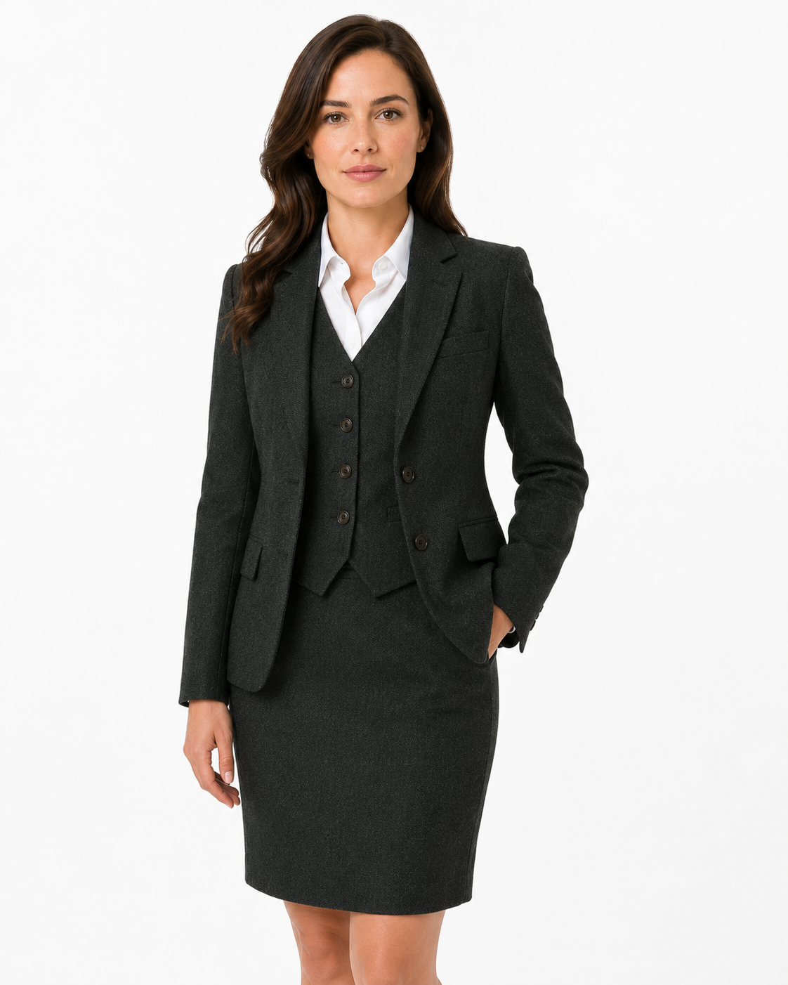 Women’s Dark Green Highland Weave Tweed Single-Breasted Skirt Suit - Image 2