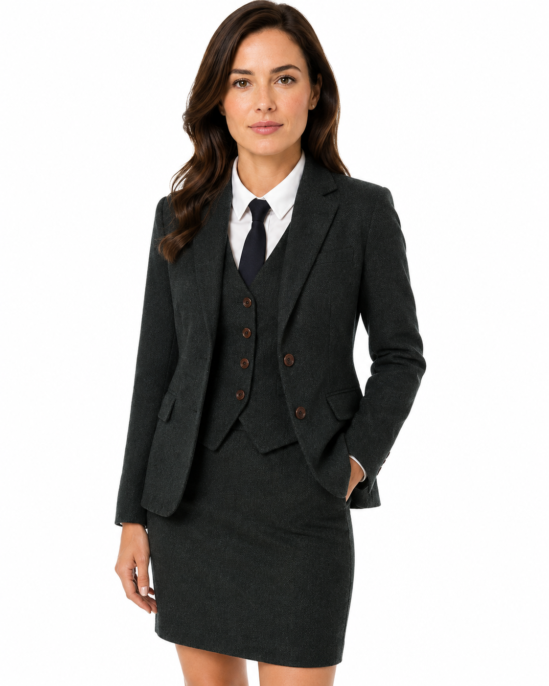 Women’s Dark Green Highland Weave Tweed Single-Breasted Skirt Suit - Image 3