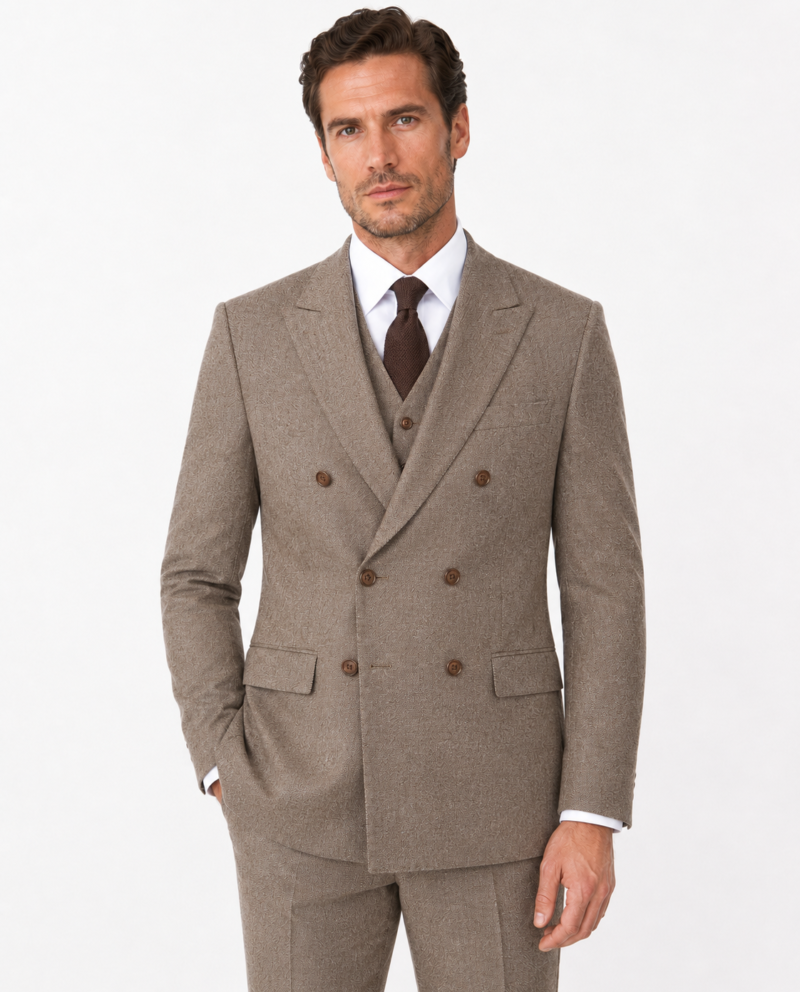 Men’s Light Brown Highland Weave Tweed Double-Breasted Jacket