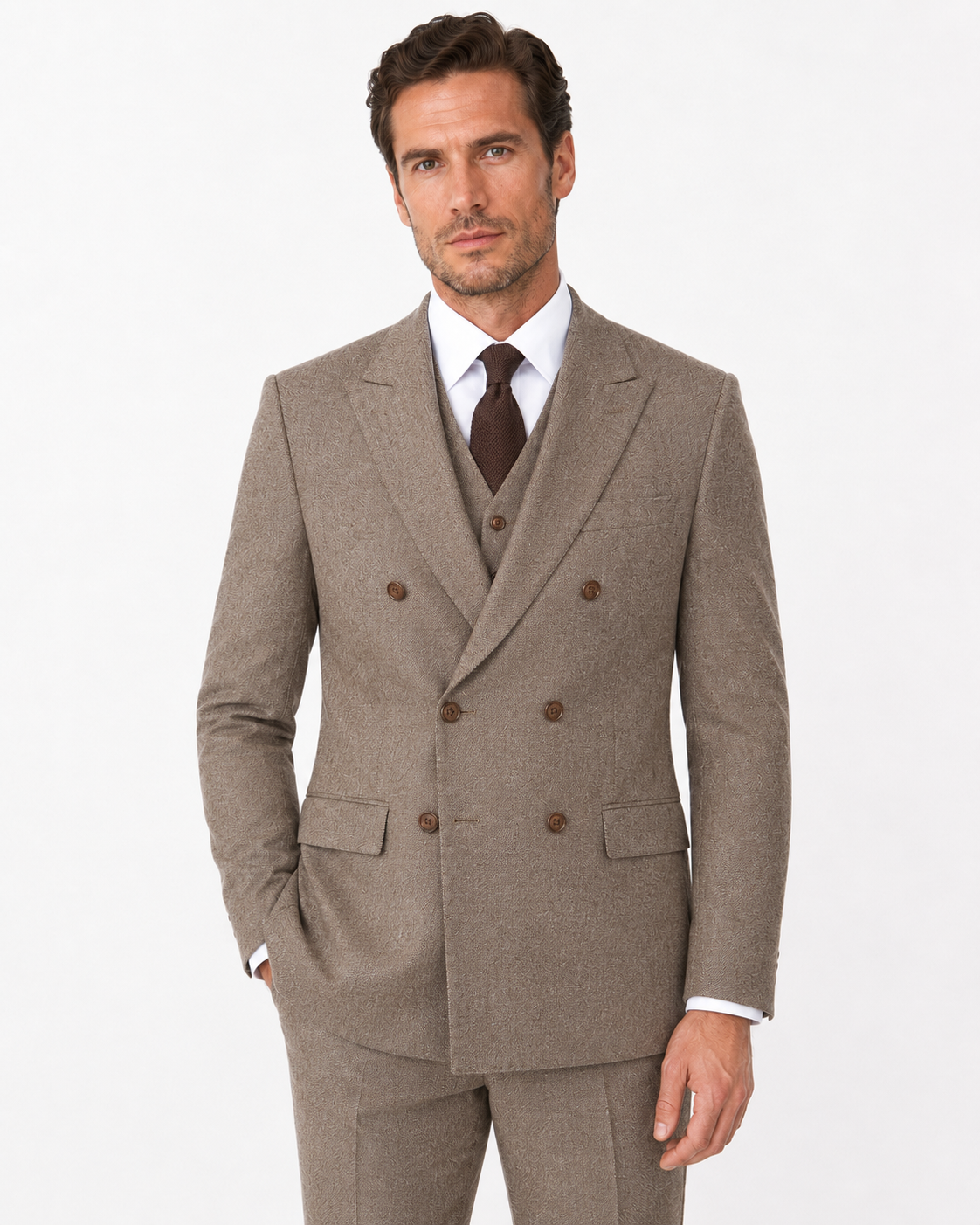 Men’s Made-to-Measure Light Brown Highland Weave Tweed Three-Piece Suit - Image 4