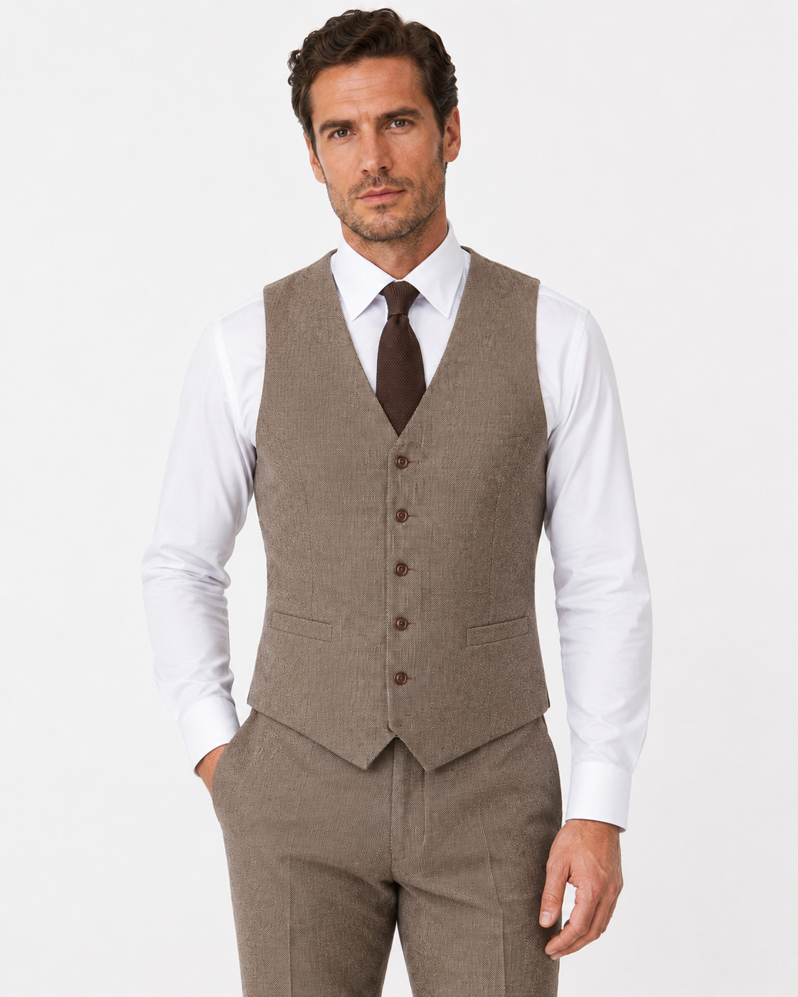 Men’s Made-to-Measure Light Brown Highland Weave Tweed Three-Piece Suit - Image 10