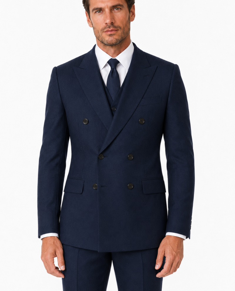 Men’s Navy Blue Highland Weave Tweed Double-Breasted Three-Piece Suit