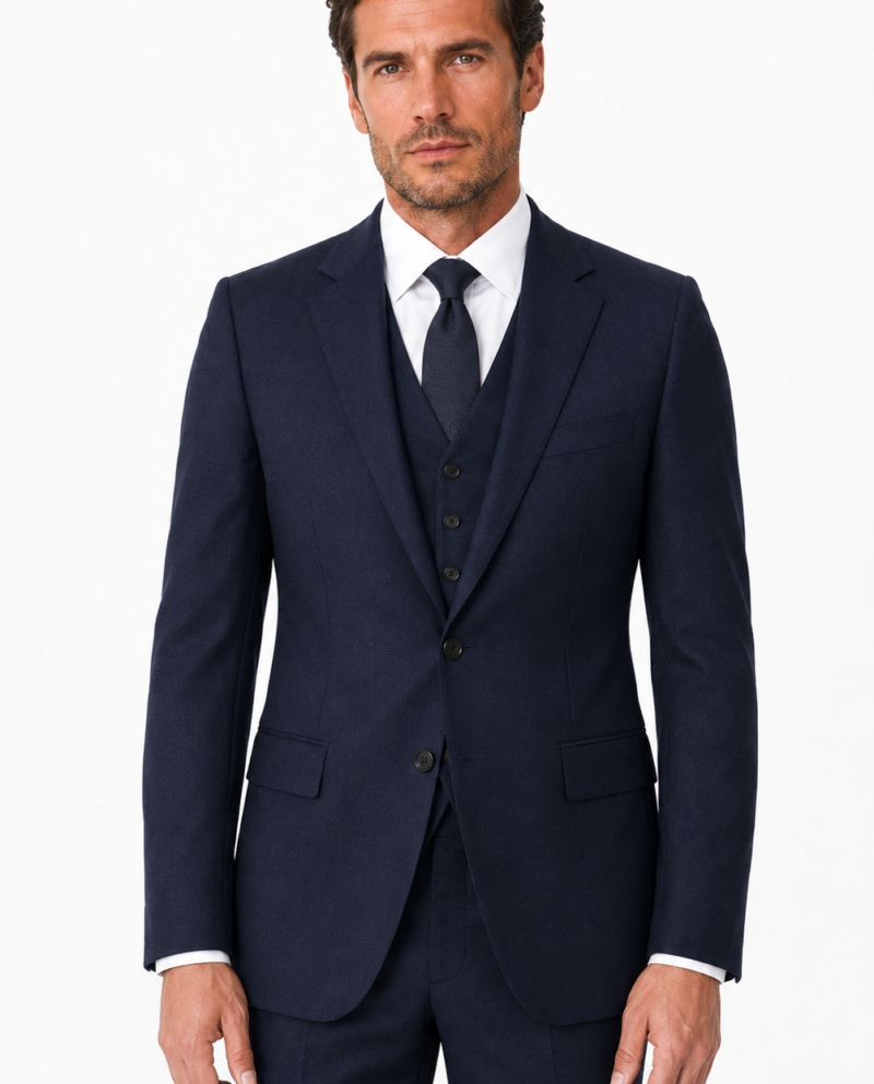 Men’s Made-to-Measure Navy Blue Highland Weave Tweed Three-Piece Suit