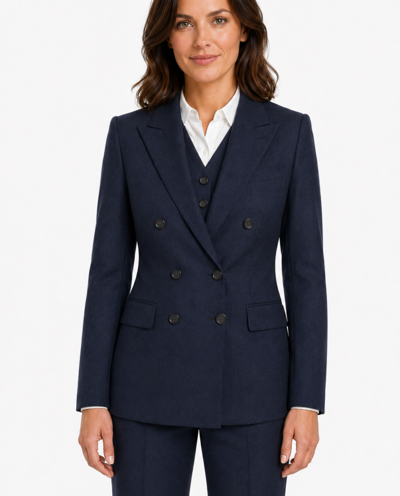 Women’s Navy Blue Highland Weave Tweed Double-Breasted Trouser Suit