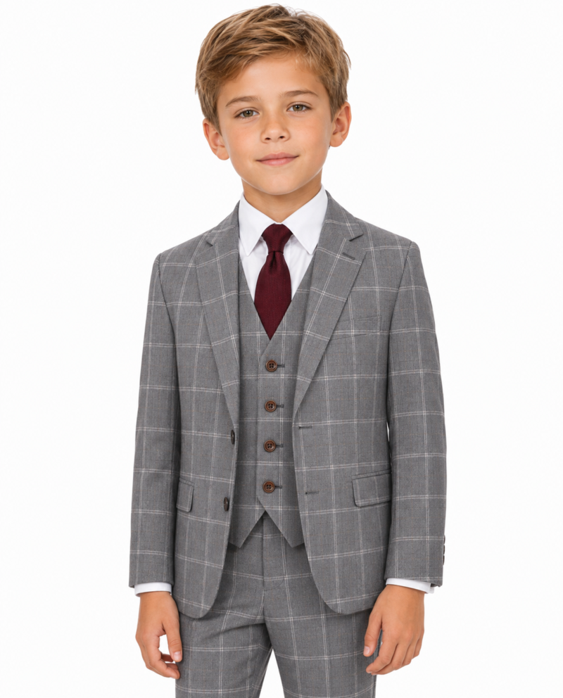 Boys’ Light Grey Windowpane Check Tweed Jacket