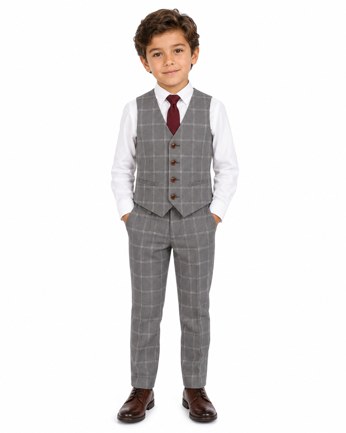 Boys’ Light Grey Windowpane Check Tweed Three-Piece Suit - Image 7