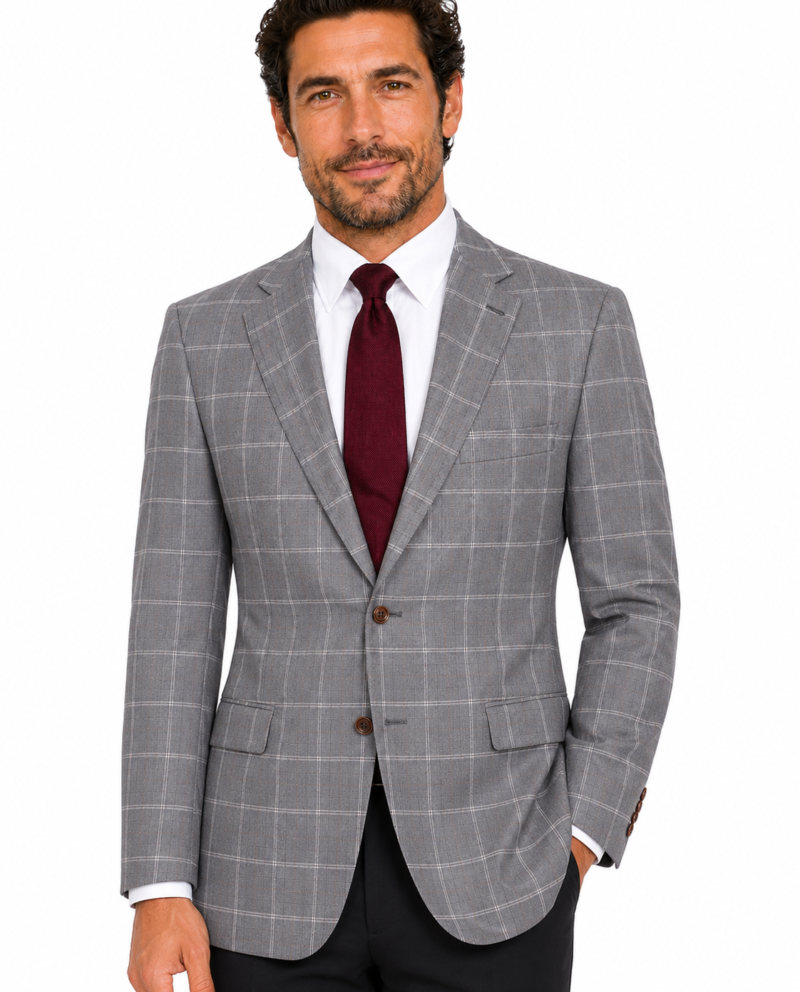 Men’s Light Grey Windowpane Check Tweed Single-Breasted Jacket