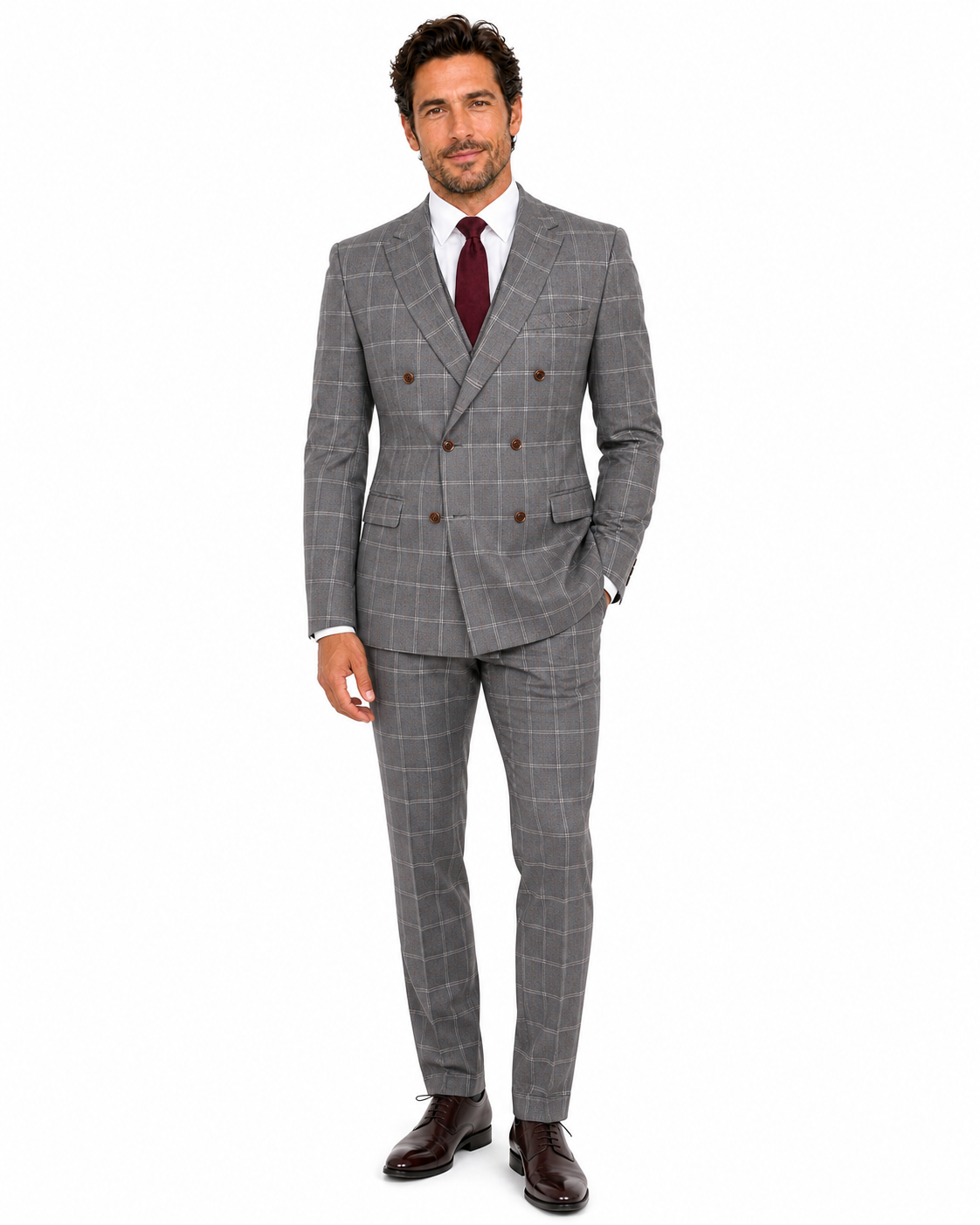 Men’s Made-to-Measure Light Grey Windowpane Check Tweed Three-Piece Suit - Image 16
