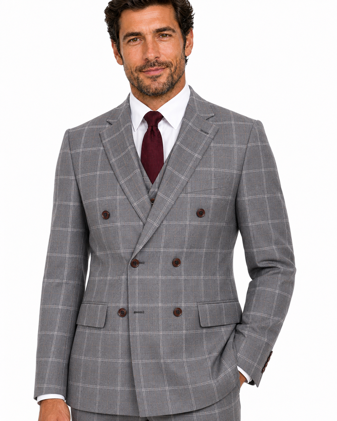 Men’s Made-to-Measure Light Grey Windowpane Check Tweed Three-Piece Suit - Image 5