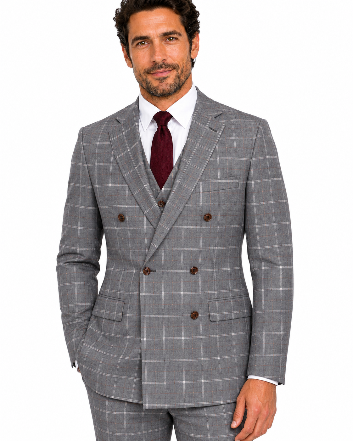 Men’s Made-to-Measure Light Grey Windowpane Check Tweed Three-Piece Suit - Image 6