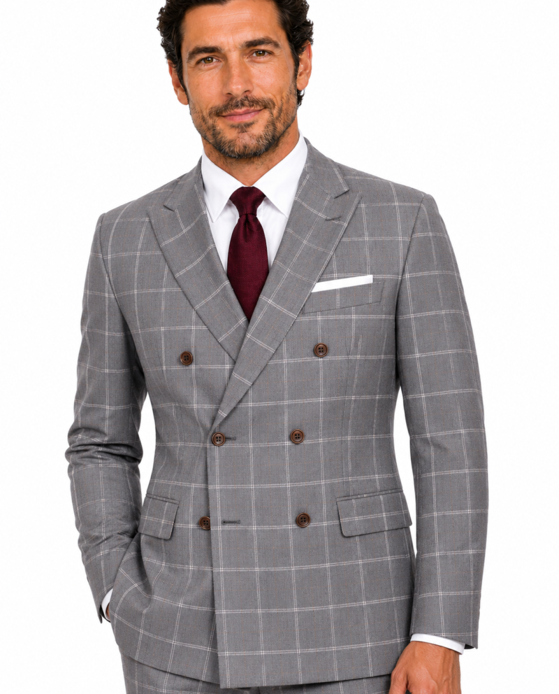 Men’s Light Grey Windowpane Check Tweed Double-Breasted Jacket