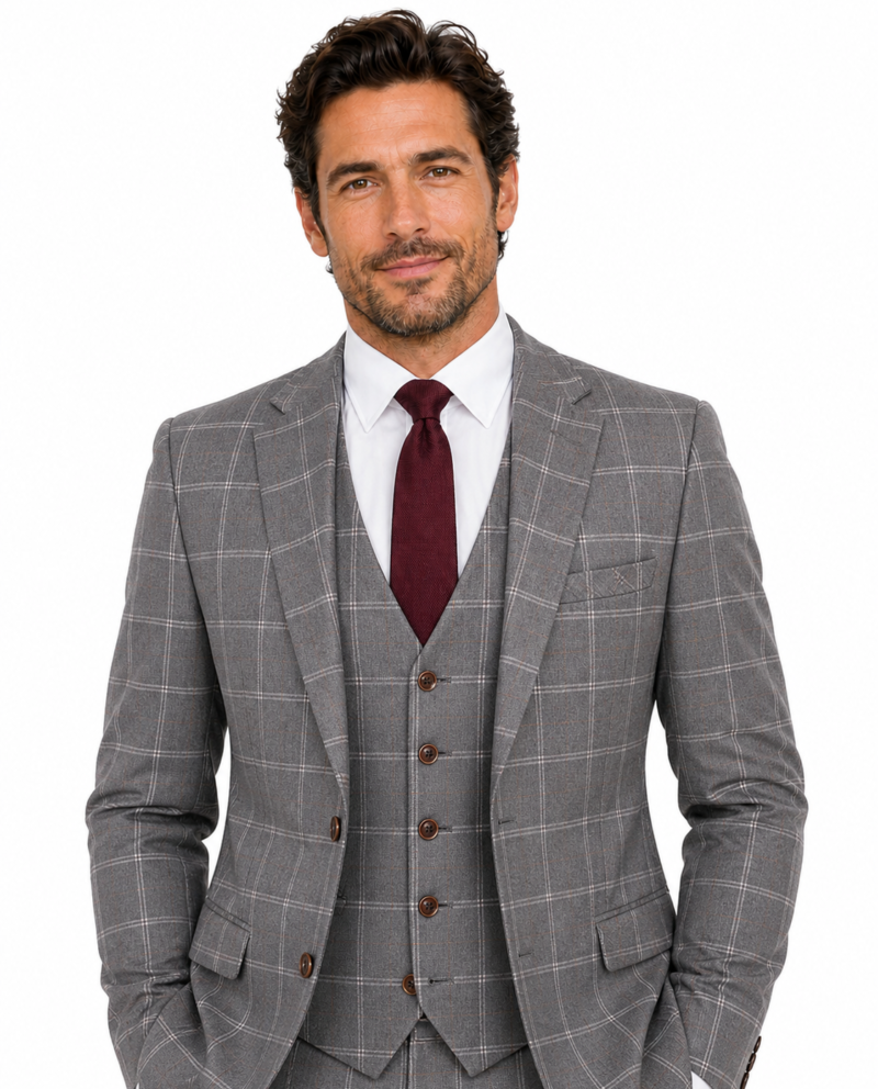 Men’s Light Grey Windowpane Check Tweed Single-Breasted Three-Piece Suit