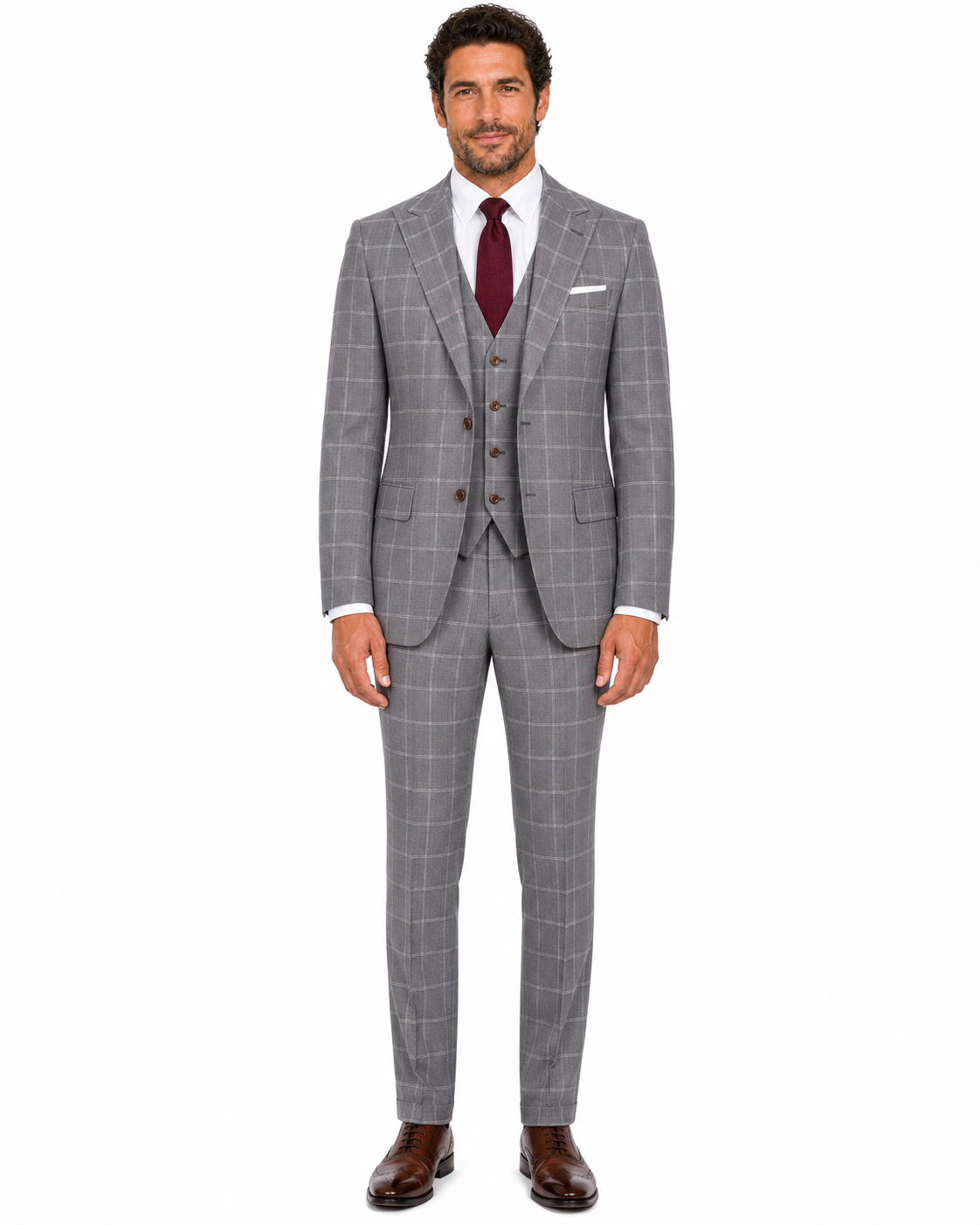 Men’s Made-to-Measure Light Grey Windowpane Check Tweed Three-Piece Suit - Image 20