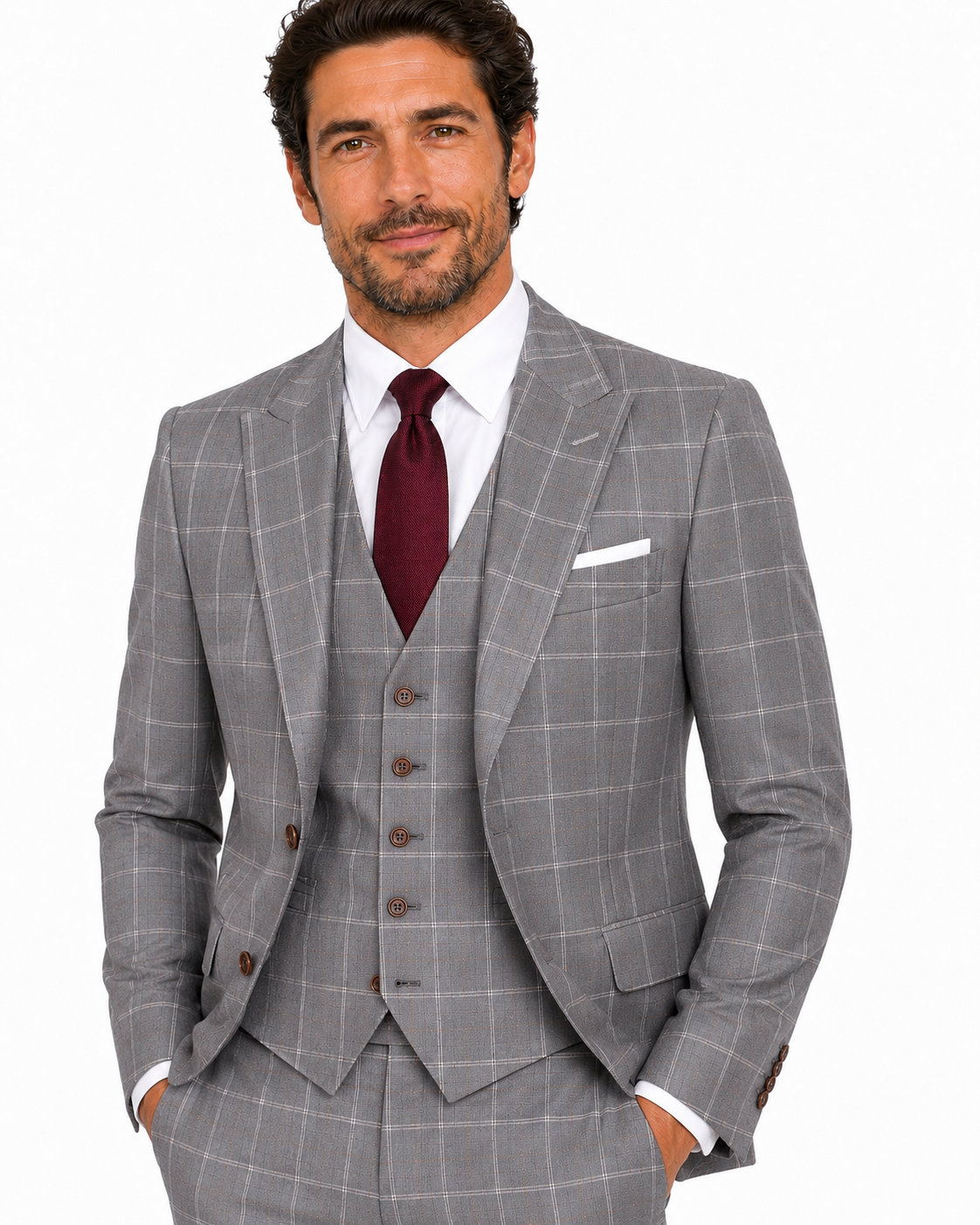 Men’s Made-to-Measure Light Grey Windowpane Check Tweed Three-Piece Suit - Image 4