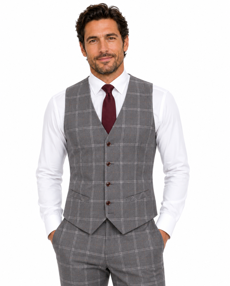 Men’s Light Grey Windowpane Check Tweed Waistcoat