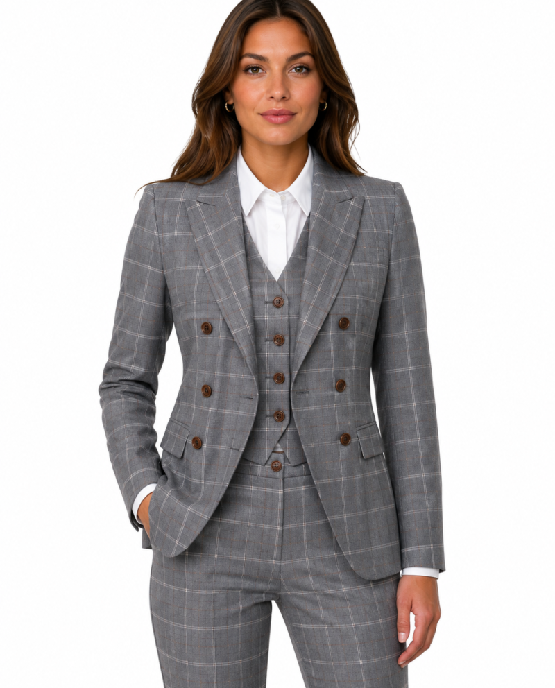 Women’s Light Grey Windowpane Check Tweed Double-Breasted Jacket