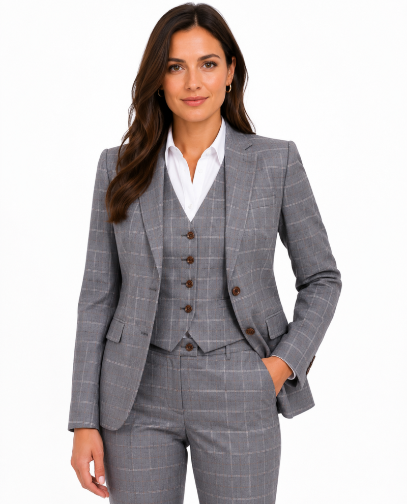 Women’s Made-to-Measure Light Grey Windowpane Check Tweed Three-Piece Suit