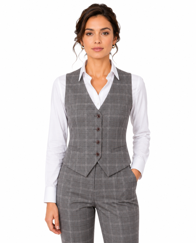 Women’s Light Grey Windowpane Check Tweed Waistcoat