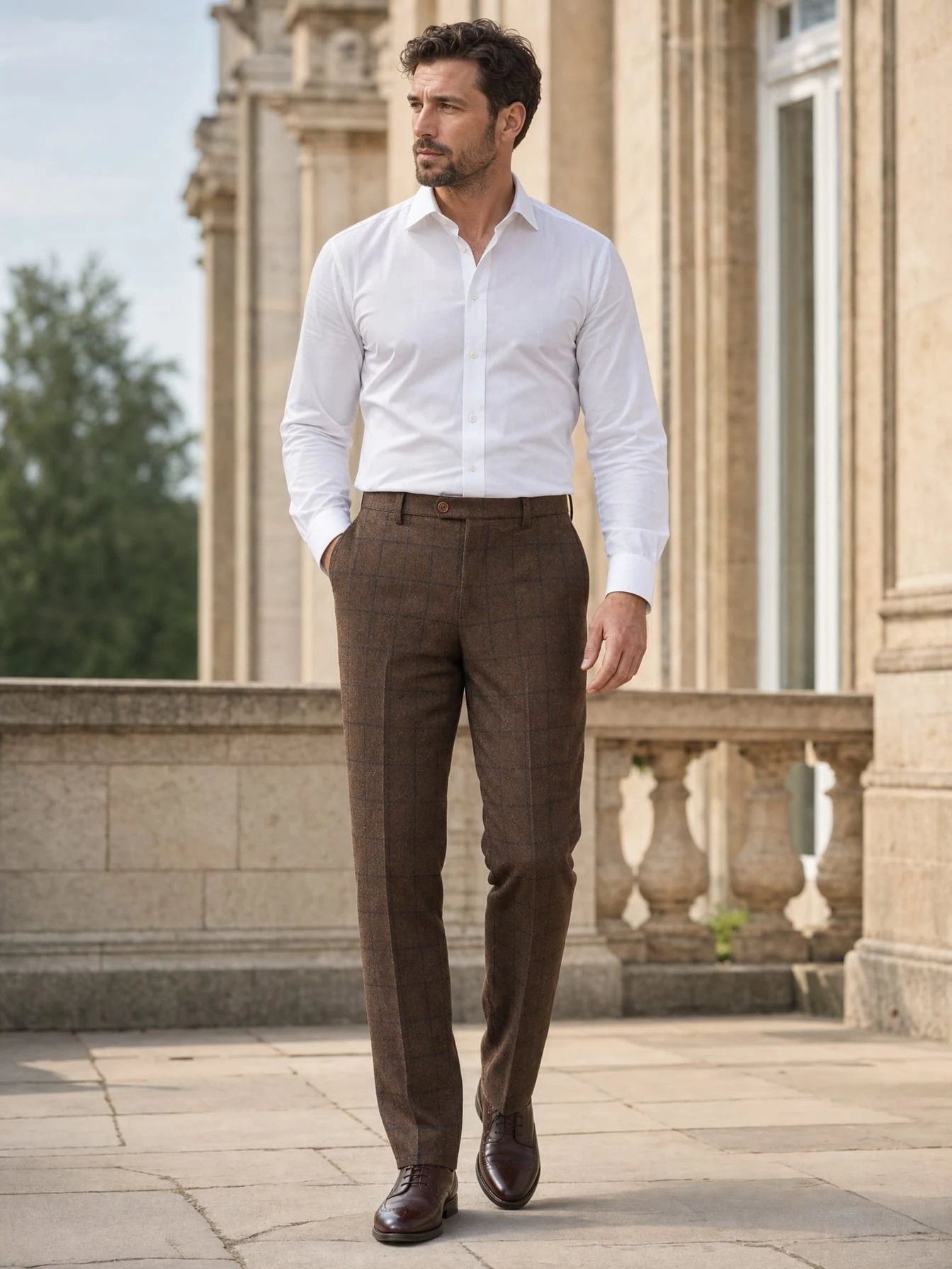Man wearing tailored brown country check tweed trousers with a navy check