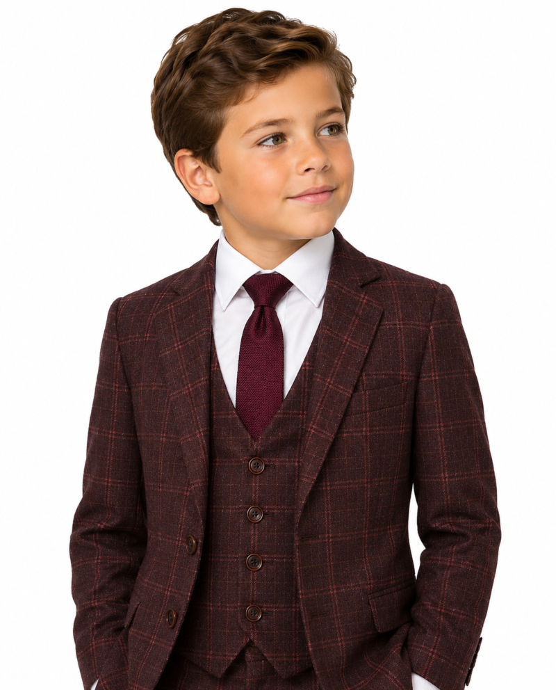 Boys’ Mocha Maroon Windowpane Check Tweed Jacket