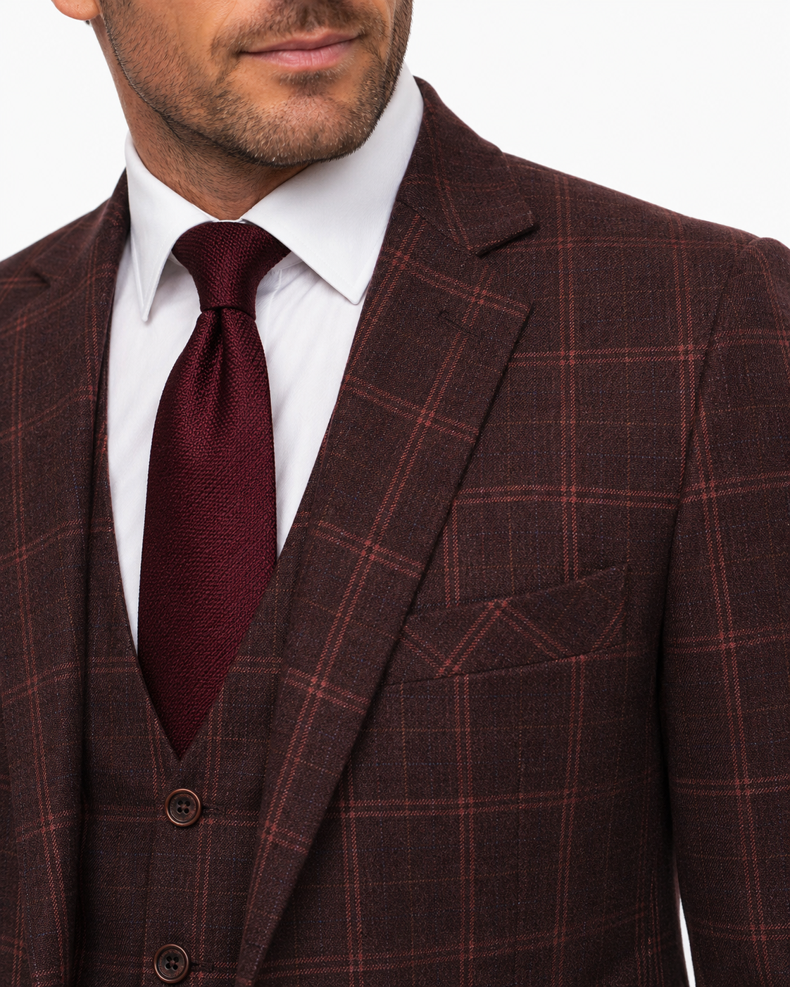 Men’s Mocha Maroon Windowpane Check Tweed Single-Breasted Three-Piece Suit - Image 10