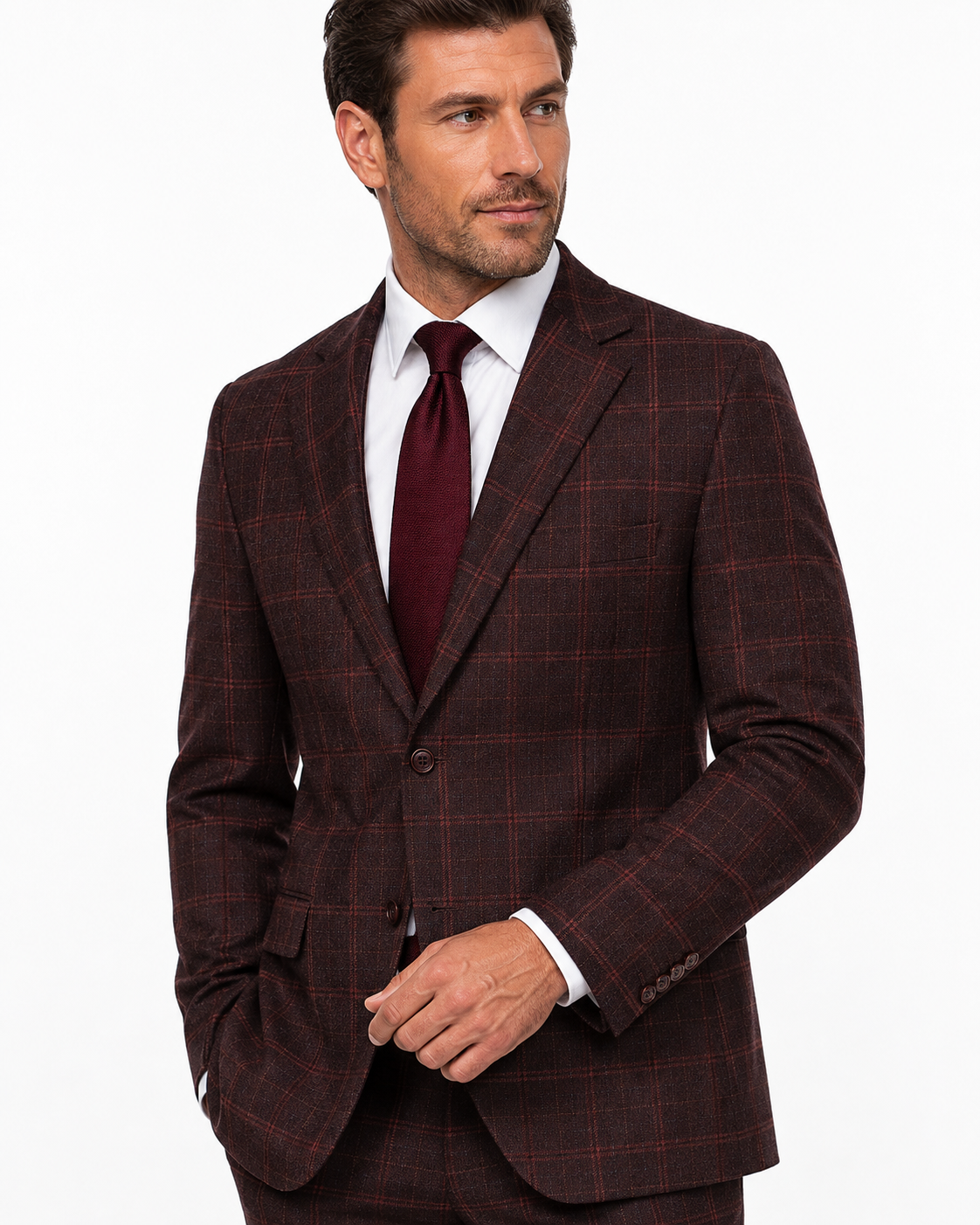 Men’s Mocha Maroon Windowpane Check Tweed Single-Breasted Three-Piece Suit - Image 9