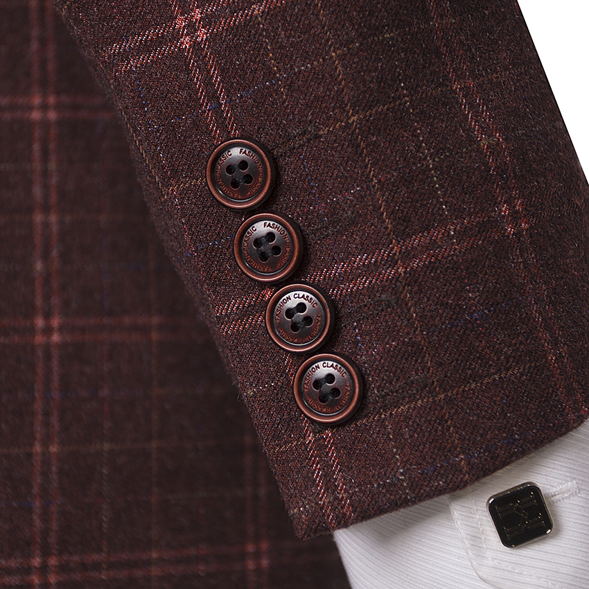 Men’s Mocha Maroon Windowpane Check Tweed Single-Breasted Three-Piece Suit - Image 11