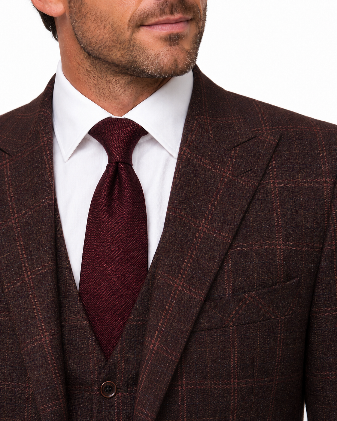 Men’s Made-to-Measure Mocha Maroon Windowpane Check Tweed Three-Piece Suit - Image 13