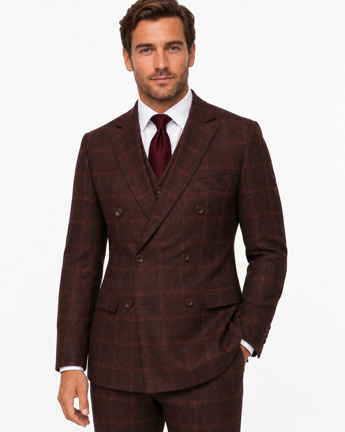 Men’s Made-to-Measure Mocha Maroon Windowpane Check Tweed Three-Piece Suit - Image 6