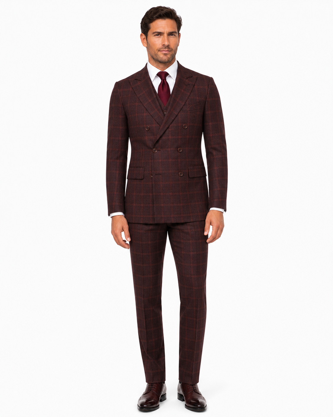 Men’s Mocha Maroon Windowpane Check Tweed Double-Breasted Jacket - Image 2