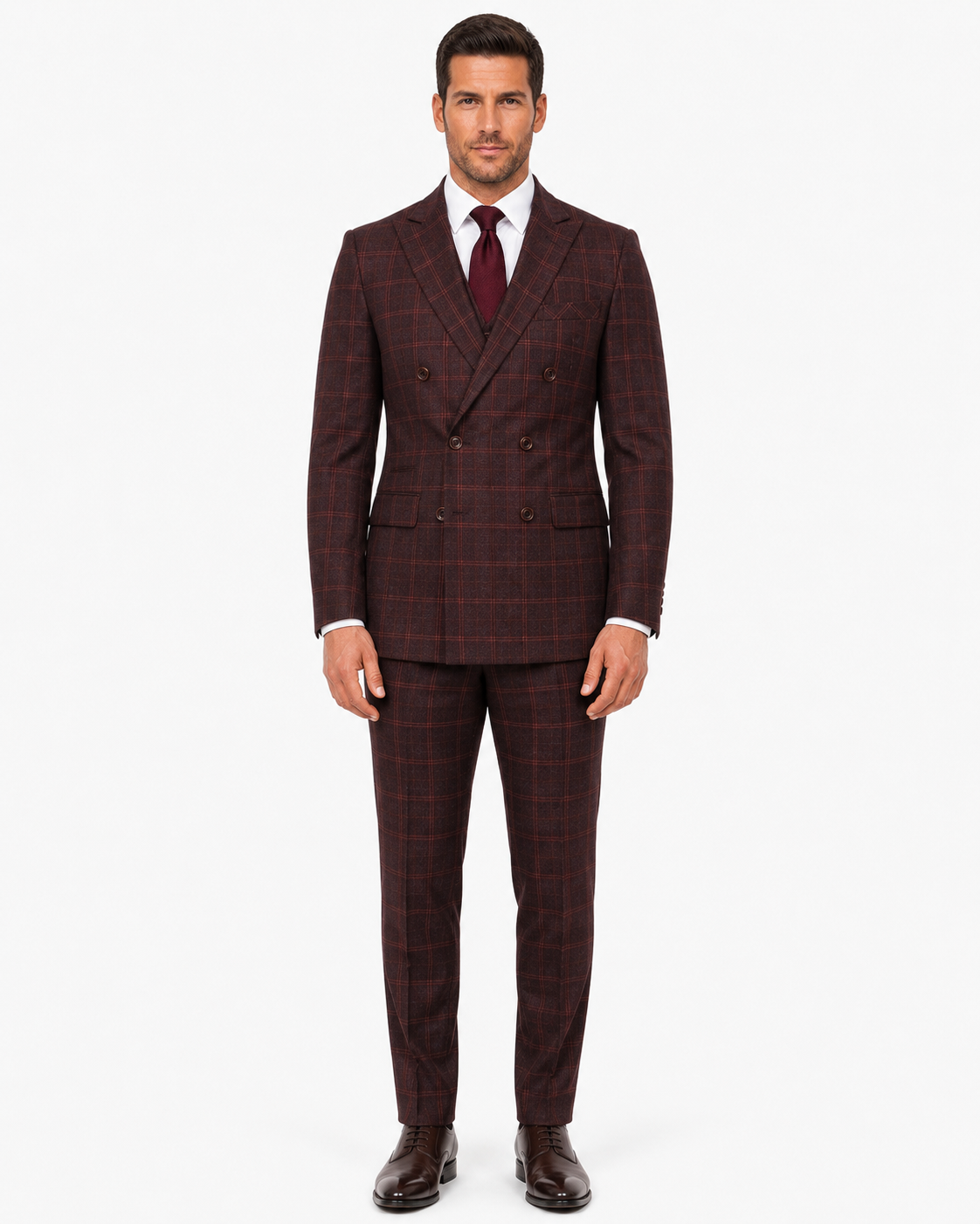 Men’s Mocha Maroon Windowpane Check Tweed Double-Breasted Jacket - Image 3
