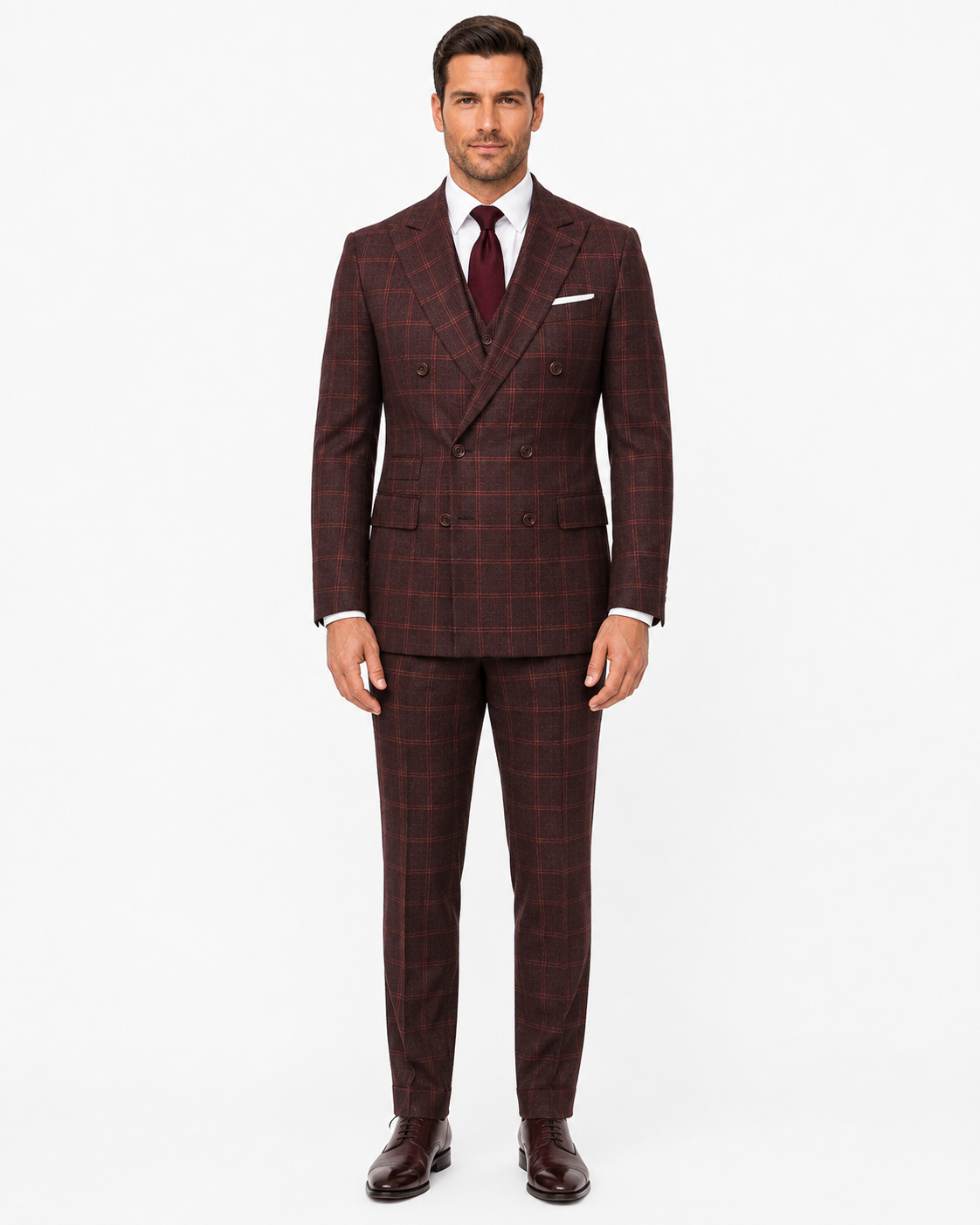 Men’s Mocha Maroon Windowpane Check Tweed Double-Breasted Jacket - Image 4