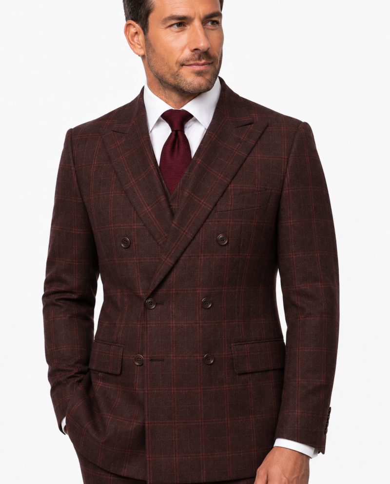 Men’s Mocha Maroon Windowpane Check Tweed Double-Breasted Jacket