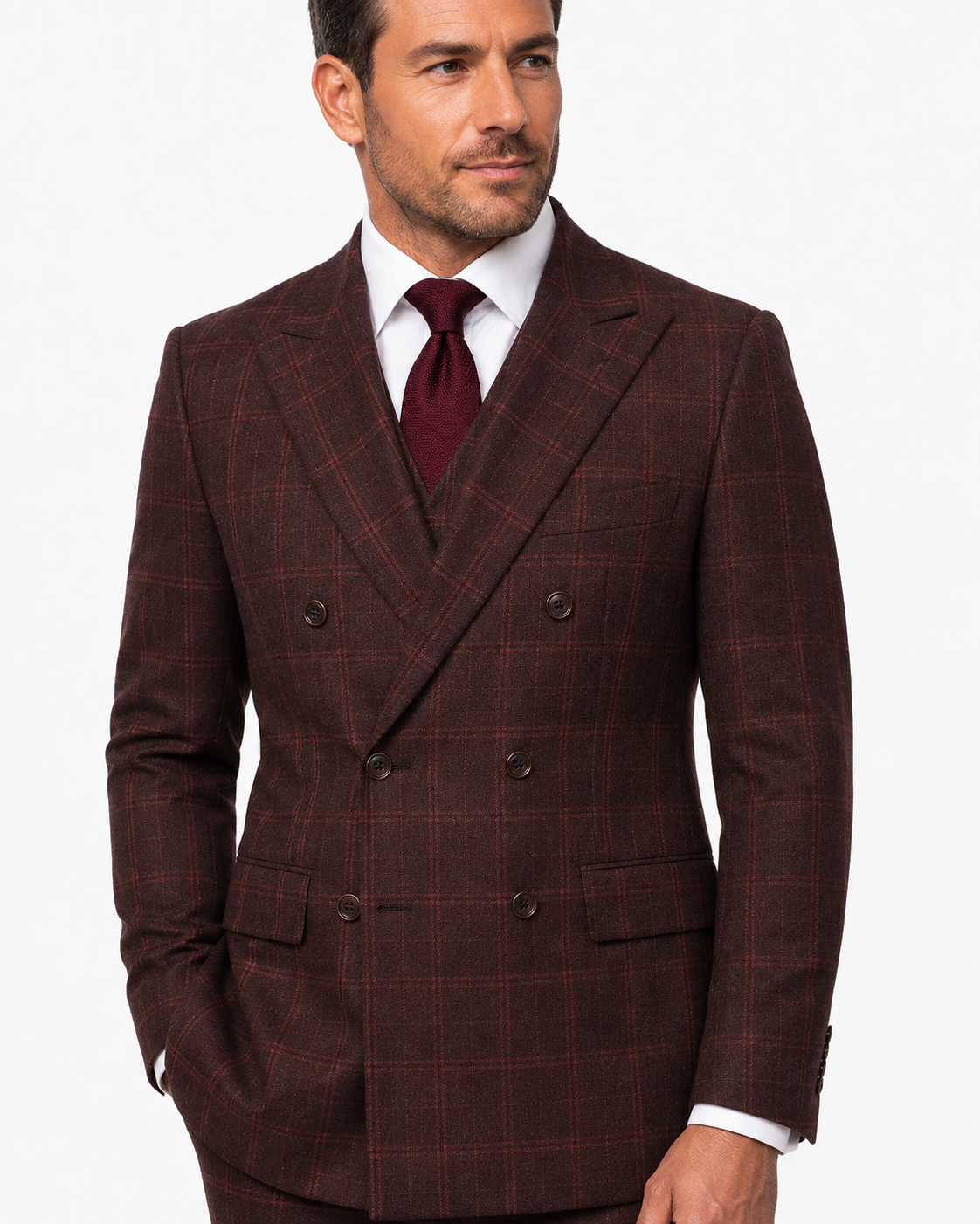 Men’s Mocha Maroon Windowpane Check Tweed Double-Breasted Jacket