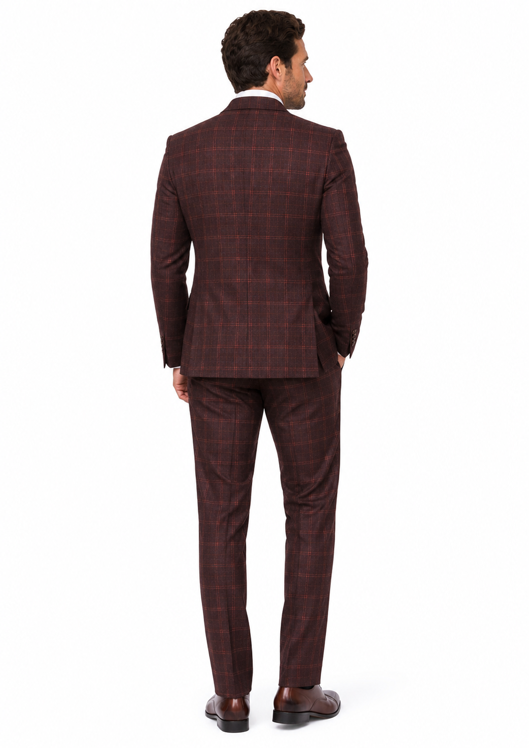 Men’s Mocha Maroon Windowpane Check Tweed Single-Breasted Three-Piece Suit - Image 12