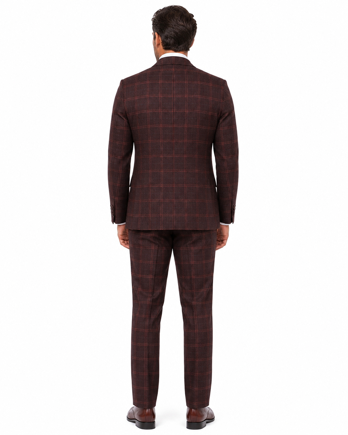 Men’s Mocha Maroon Windowpane Check Tweed Single-Breasted Three-Piece Suit - Image 13