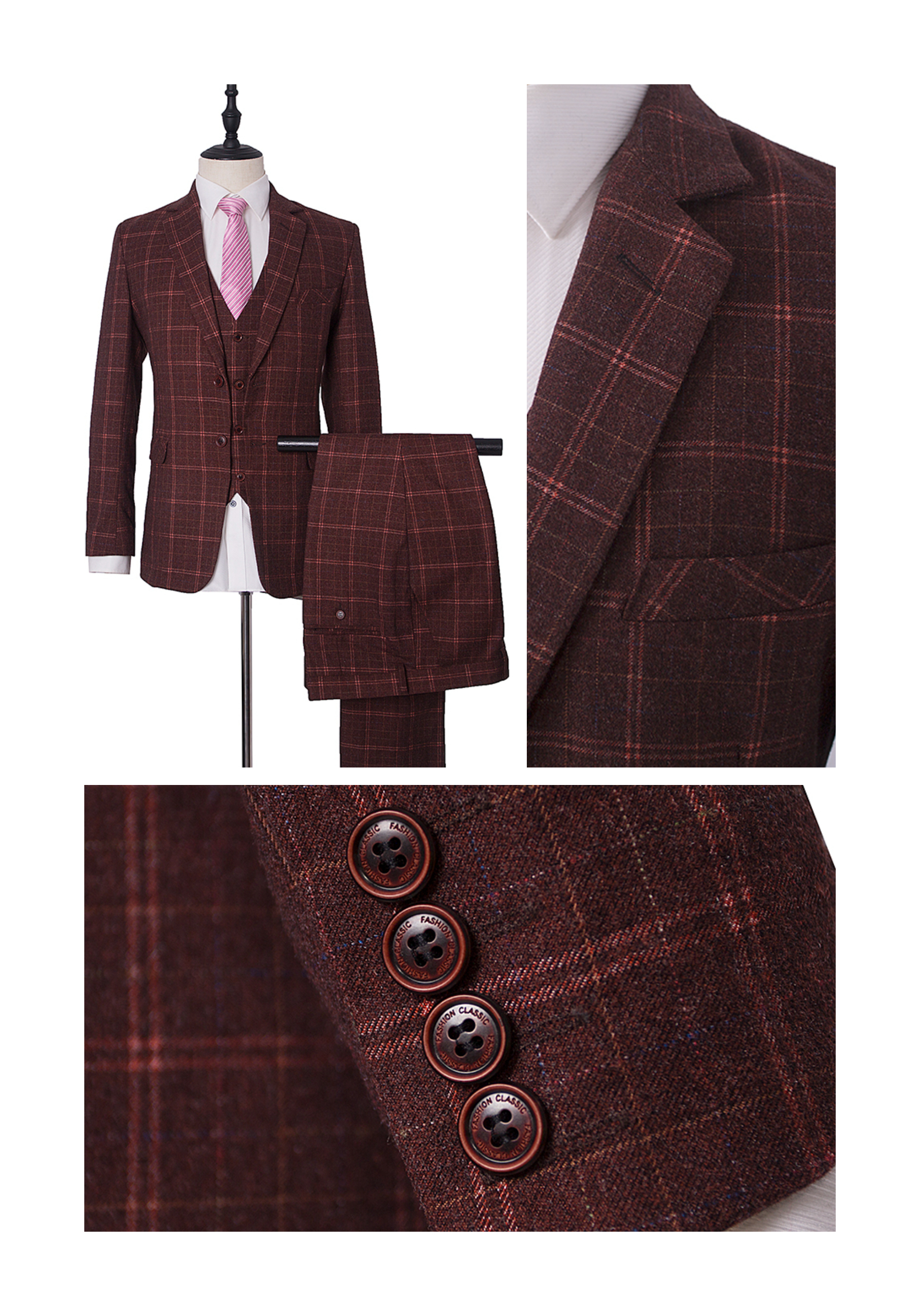 Men’s Mocha Maroon Windowpane Check Tweed Single-Breasted Three-Piece Suit - Image 8