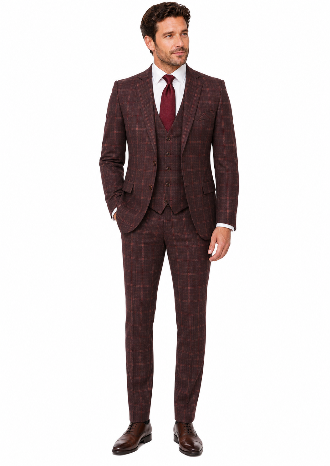 Men’s Mocha Maroon Windowpane Check Tweed Single-Breasted Three-Piece Suit - Image 5