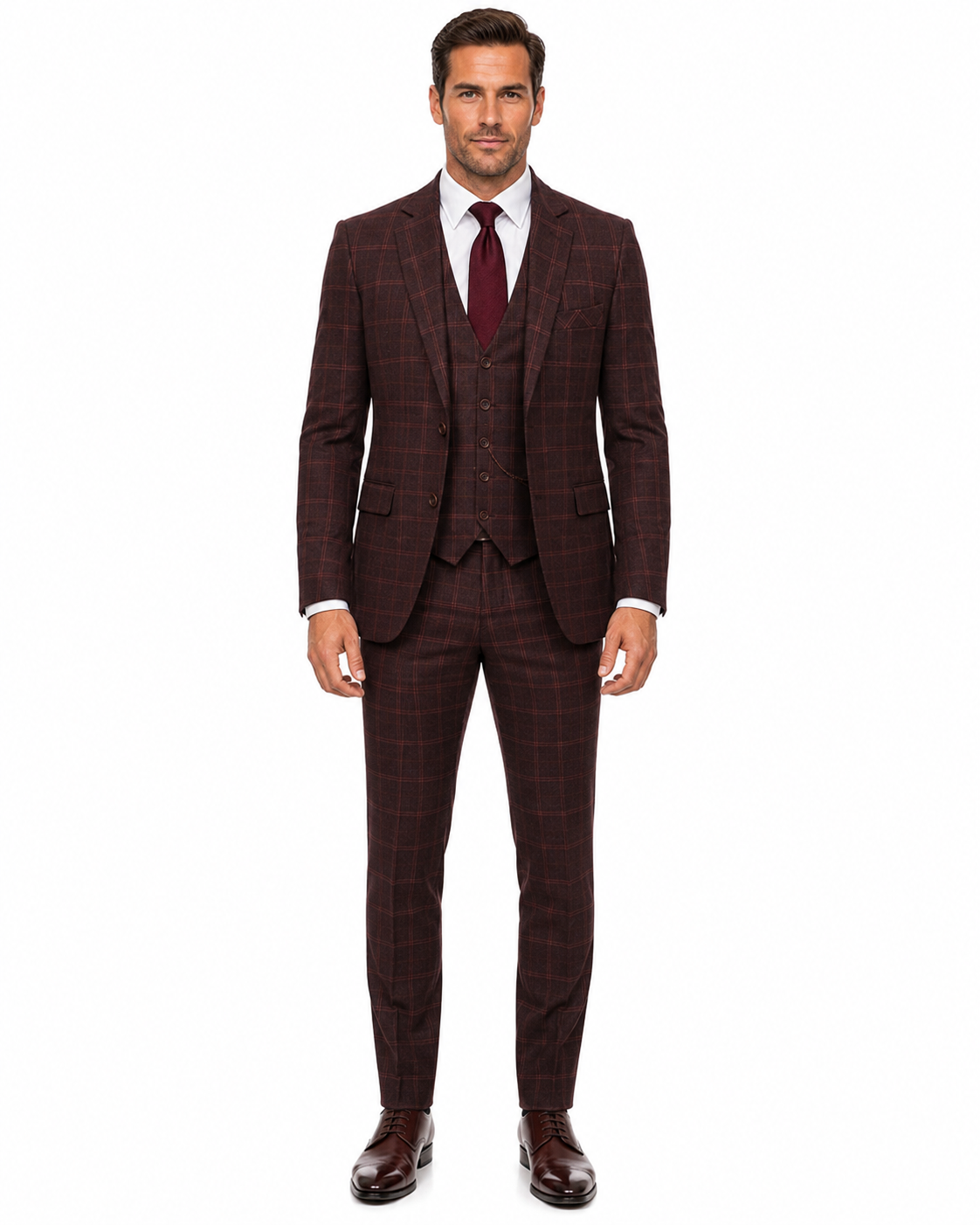 Men’s Mocha Maroon Windowpane Check Tweed Single-Breasted Three-Piece Suit - Image 6