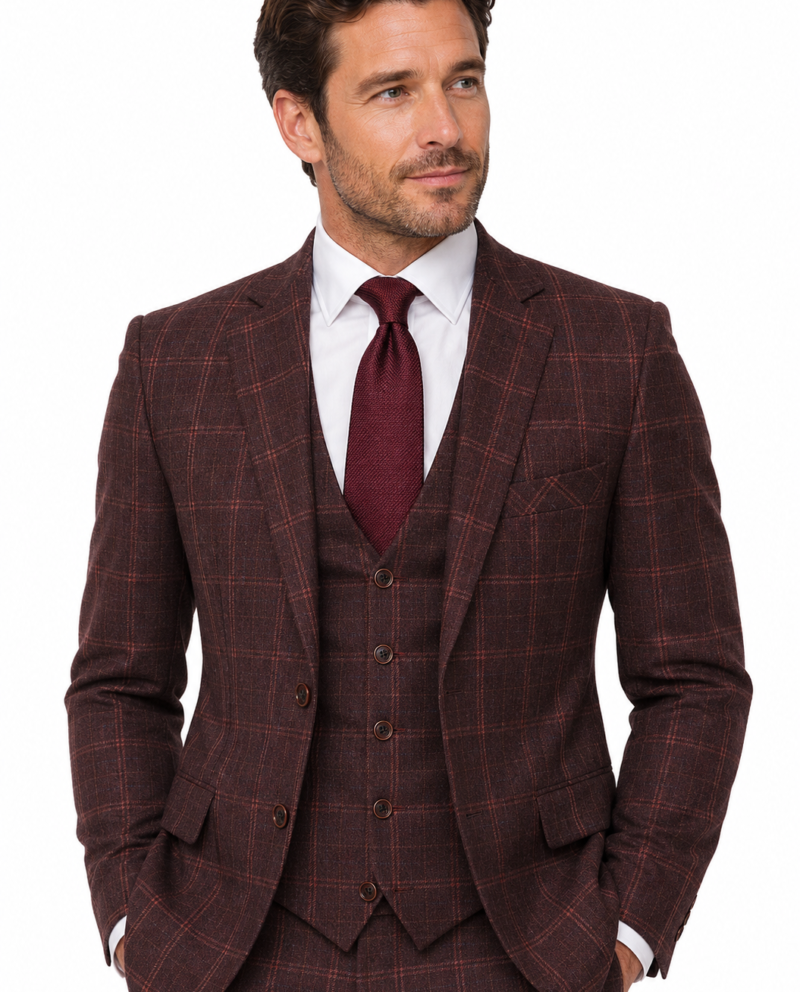 Men’s Mocha Maroon Windowpane Check Tweed Single-Breasted Three-Piece Suit
