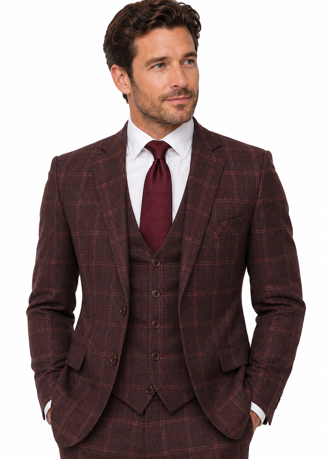 Men’s Mocha Maroon Windowpane Check Tweed Single-Breasted Three-Piece Suit