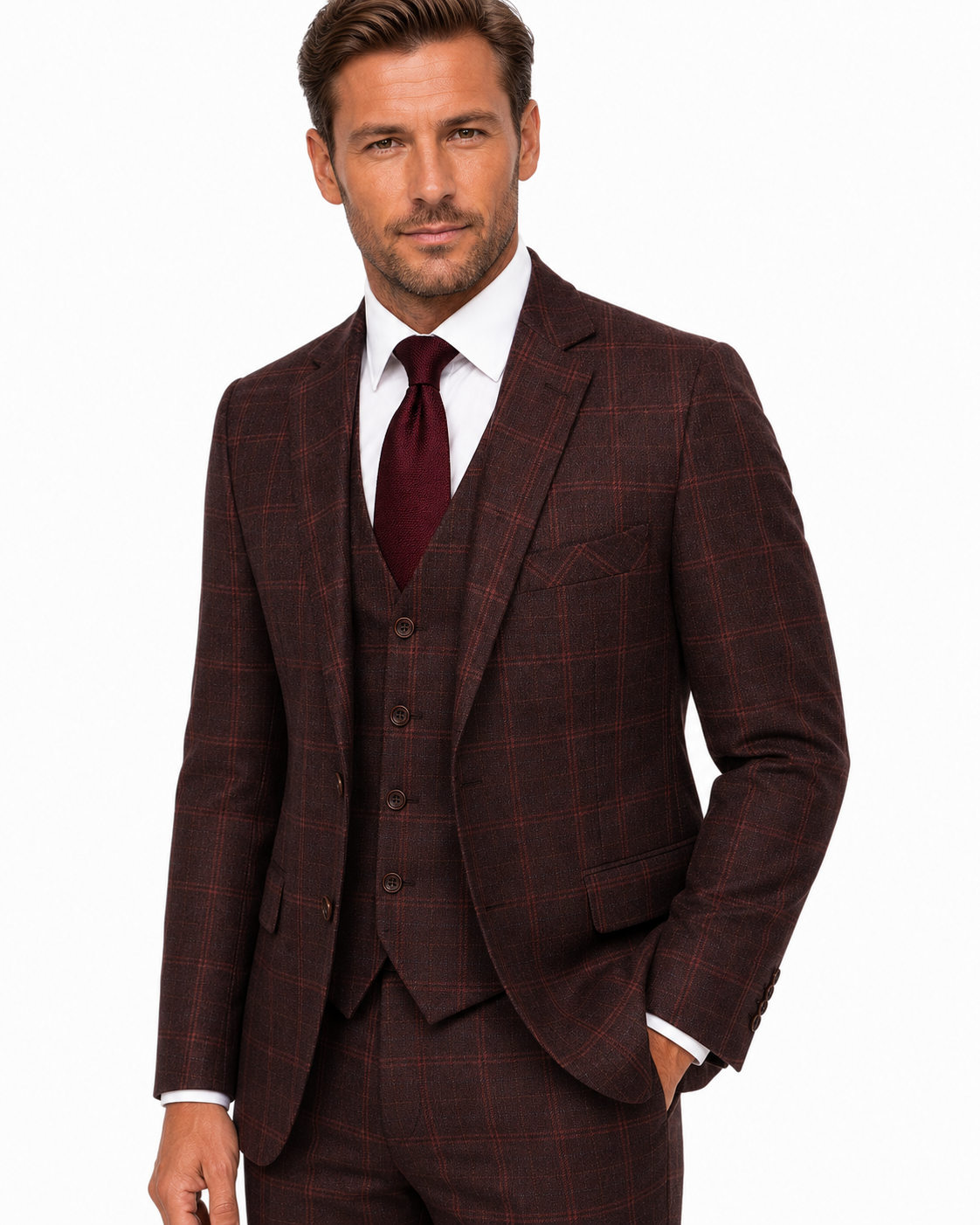 Men’s Mocha Maroon Windowpane Check Tweed Single-Breasted Three-Piece Suit - Image 2
