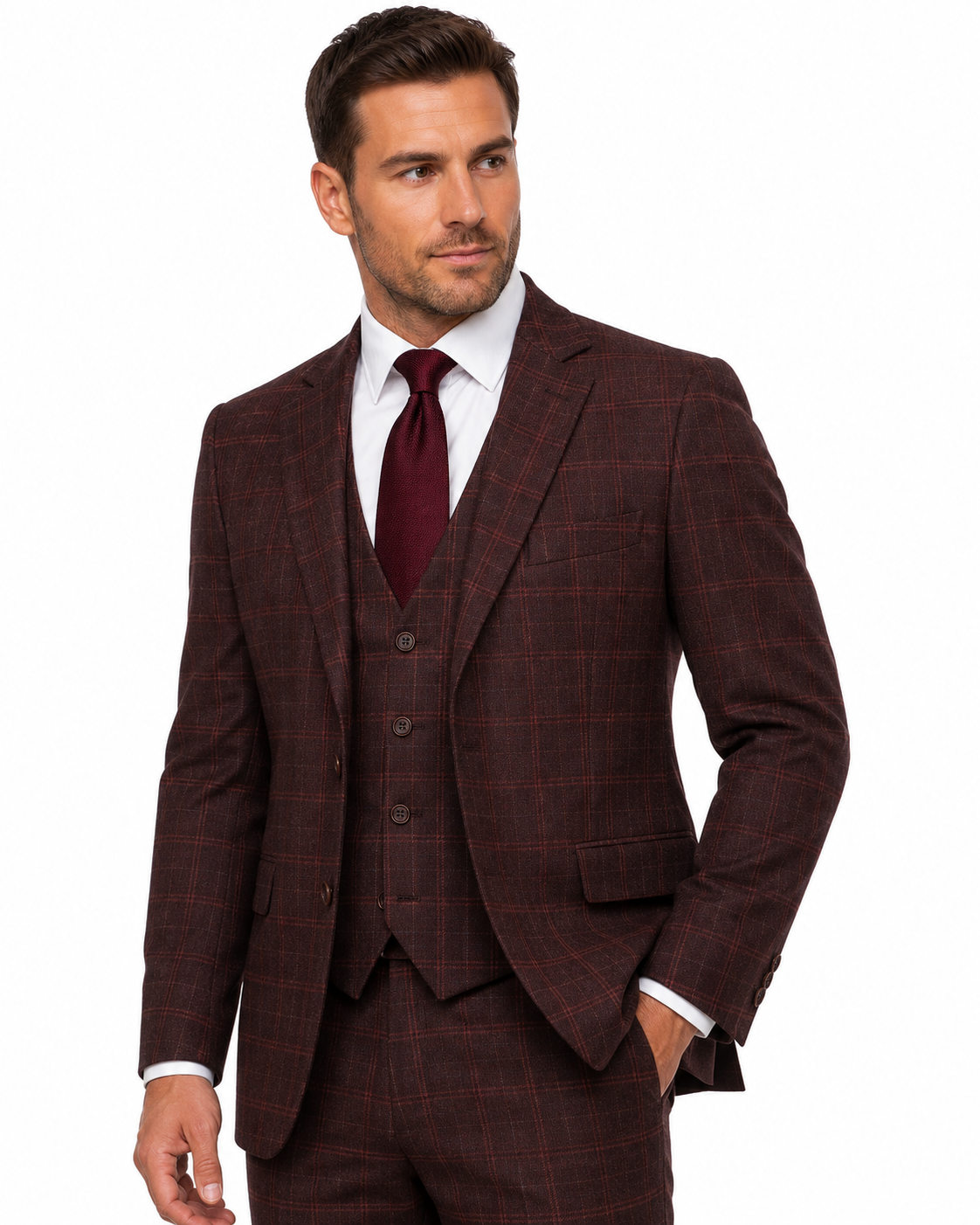 Men’s Mocha Maroon Windowpane Check Tweed Single-Breasted Three-Piece Suit - Image 3