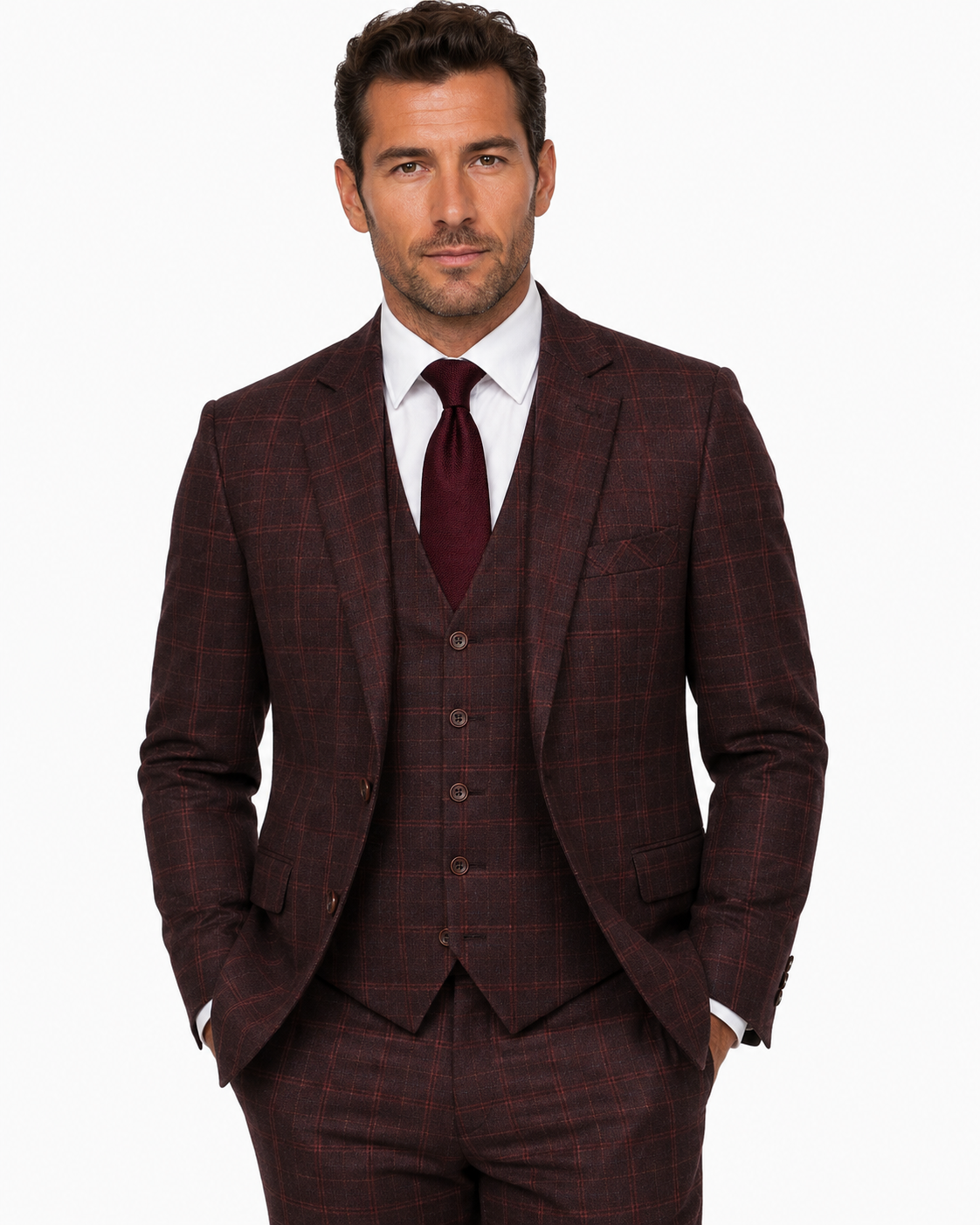 Men’s Mocha Maroon Windowpane Check Tweed Single-Breasted Three-Piece Suit - Image 4