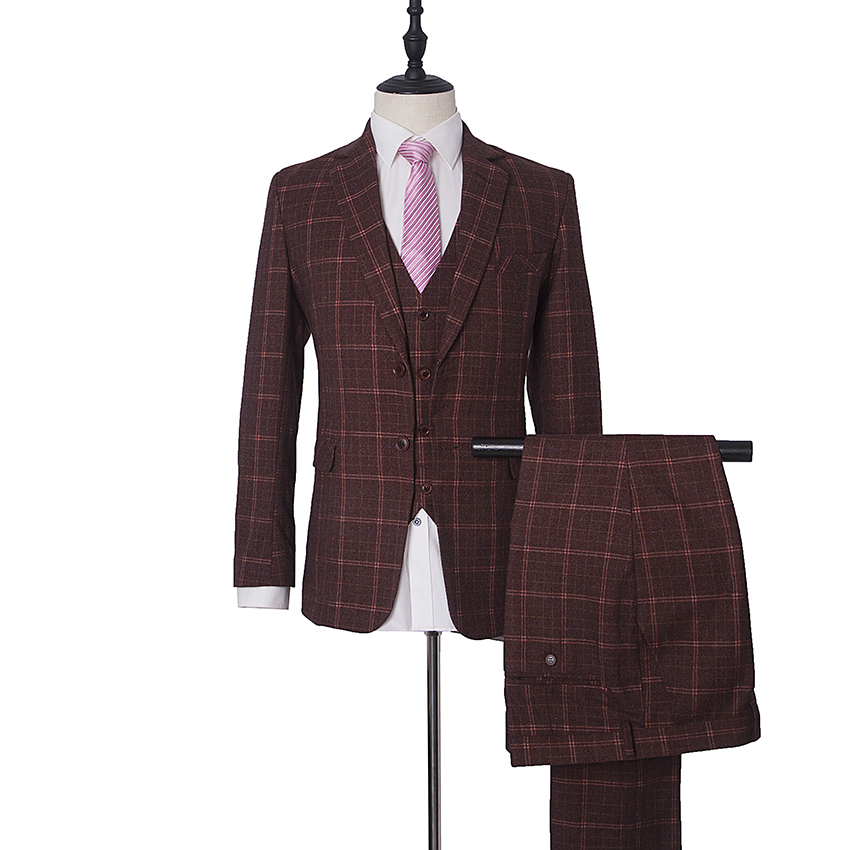 Men’s Mocha Maroon Windowpane Check Tweed Single-Breasted Three-Piece Suit - Image 7