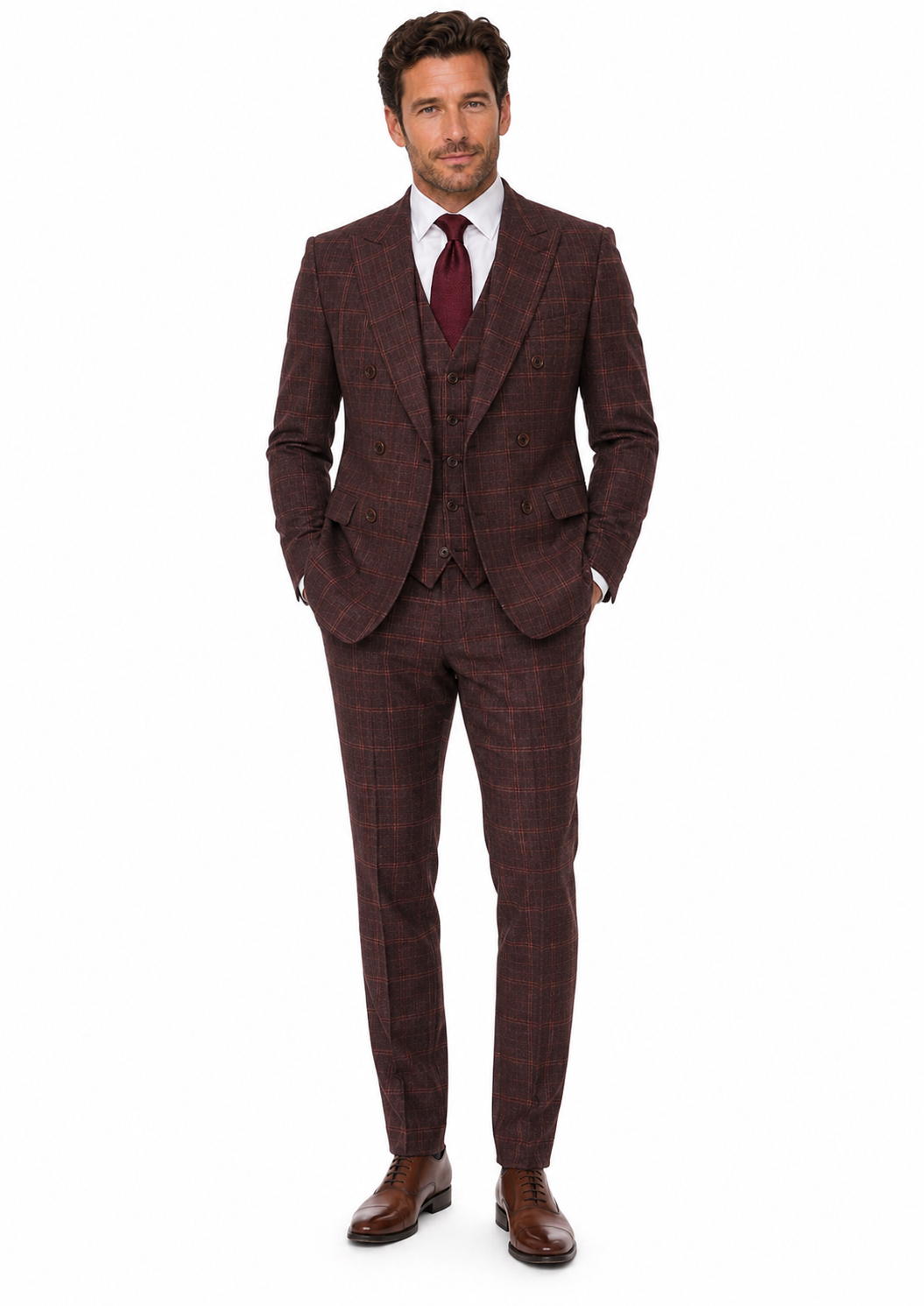 Men’s Made-to-Measure Mocha Maroon Windowpane Check Tweed Three-Piece Suit - Image 19