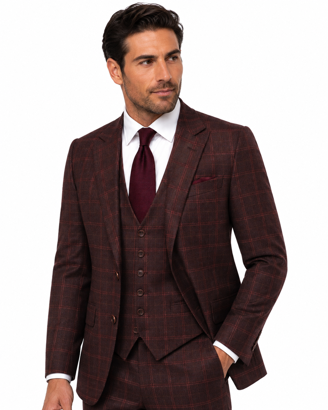 Men’s Made-to-Measure Mocha Maroon Windowpane Check Tweed Three-Piece Suit - Image 5