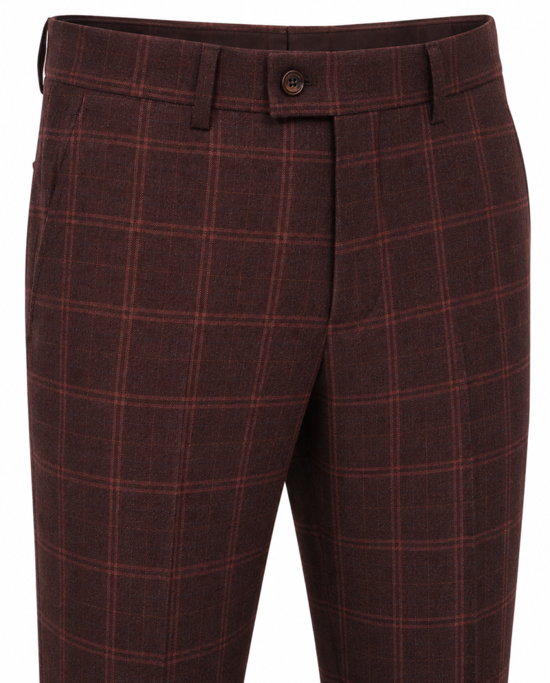 Men’s Mocha Maroon Windowpane Check Tweed Trousers
