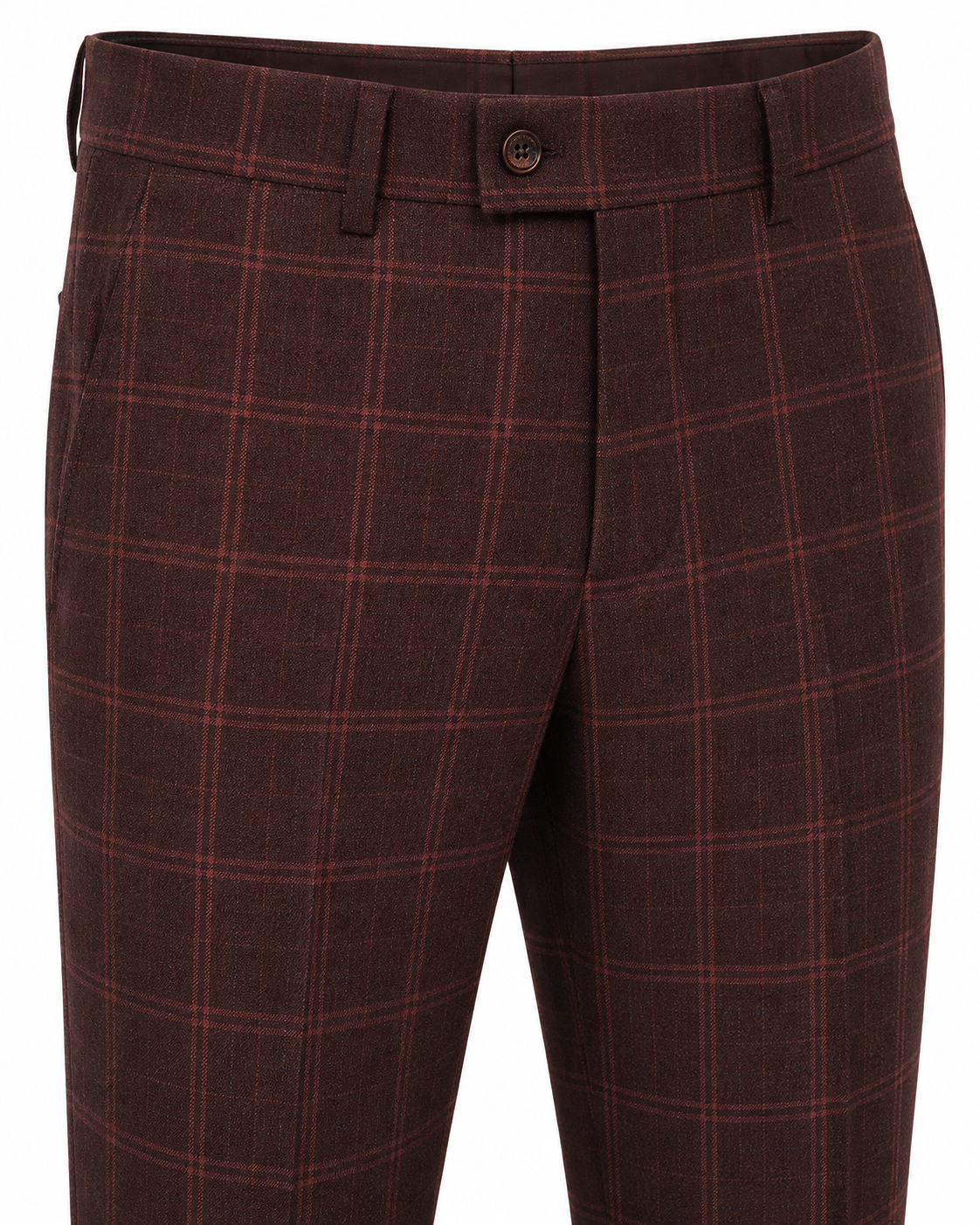 Men’s Mocha Maroon Windowpane Check Tweed Single-Breasted Three-Piece Suit - Image 19