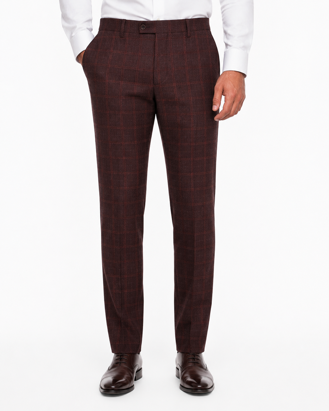 Men’s Mocha Maroon Windowpane Check Tweed Single-Breasted Three-Piece Suit - Image 20